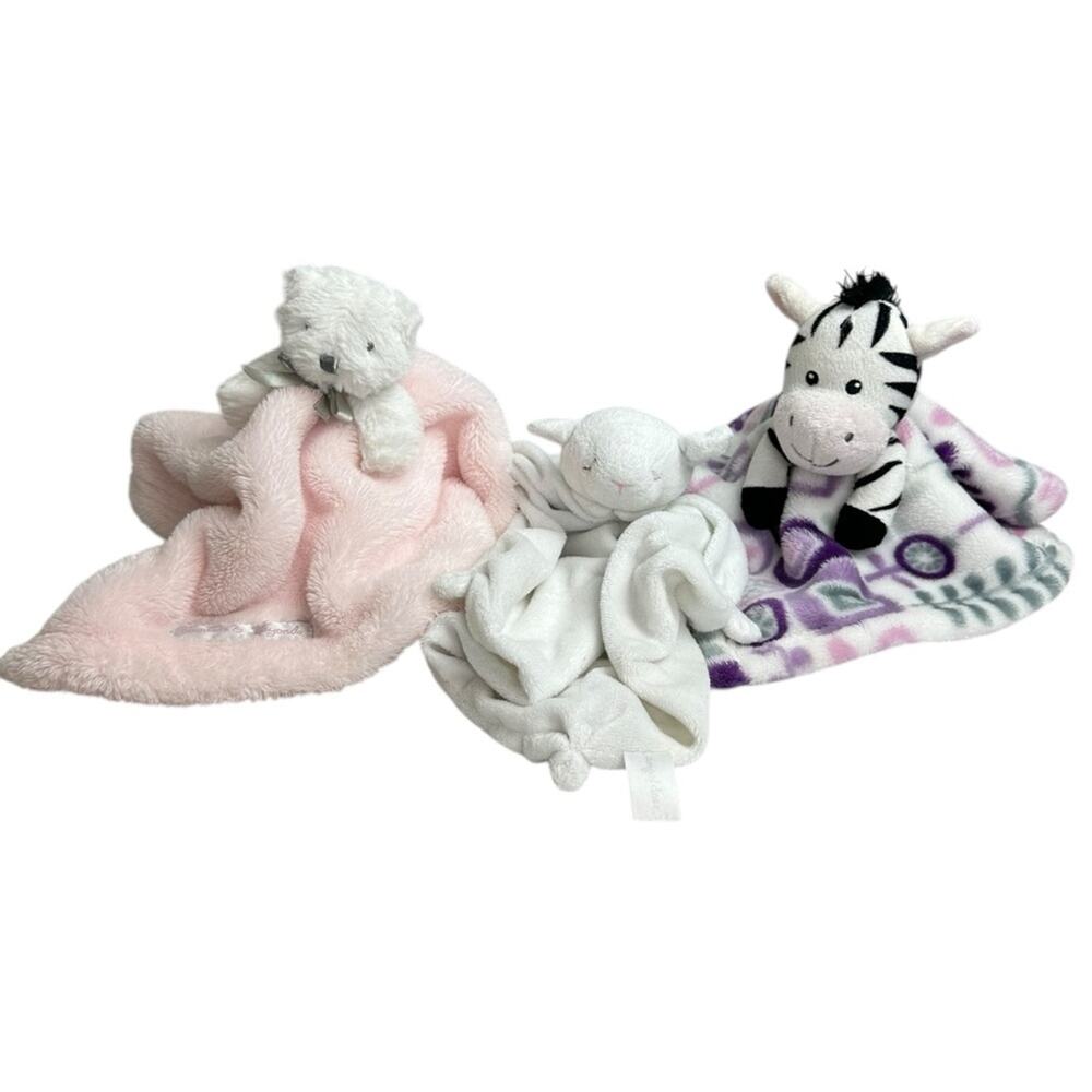 Lot of 3 Soft Baby Lovey Security Blanket Nursery Stuffed Teddy Zebra Lamb